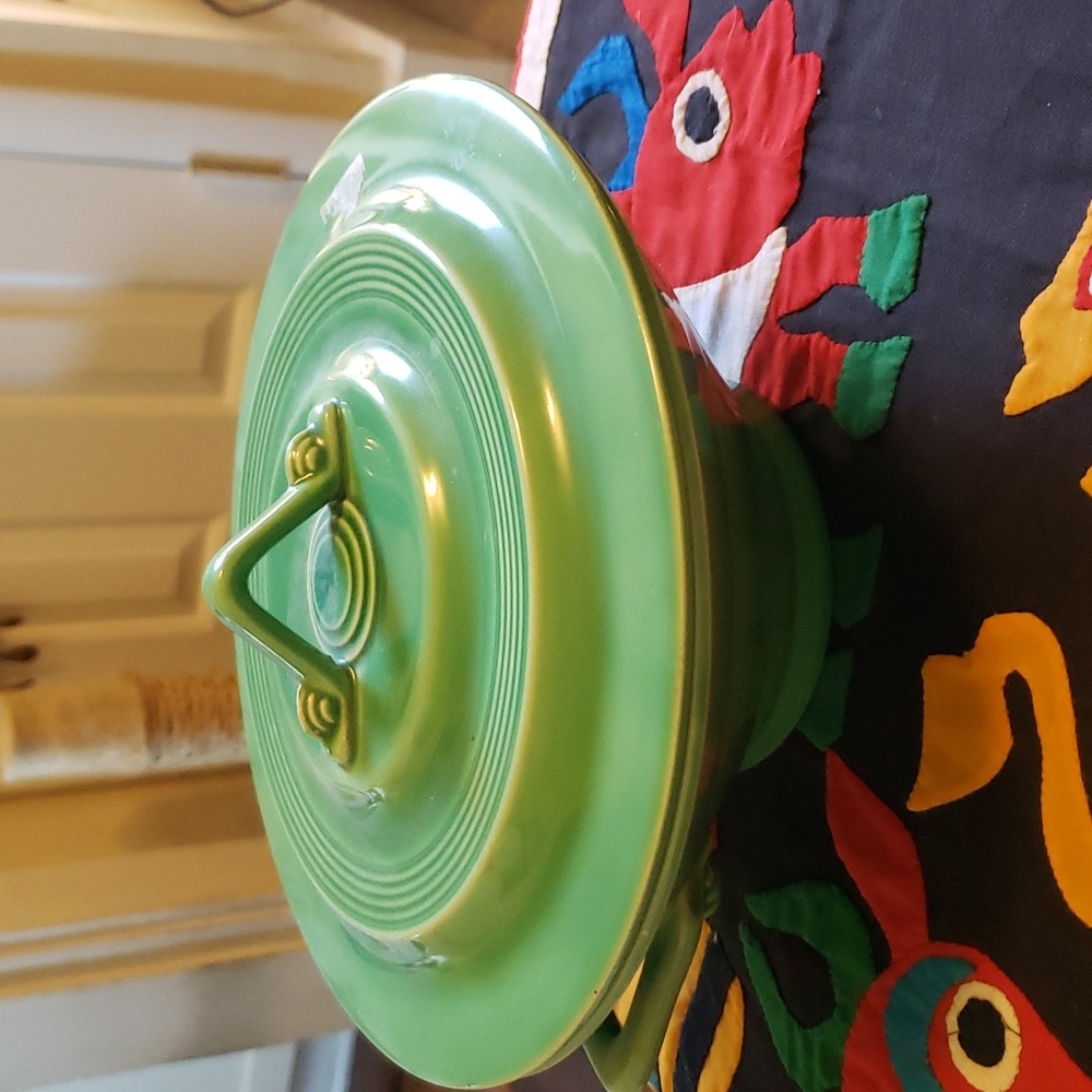 Vintage Homer Laughlin Harlequin Pottery Original Green Handled Cassarole Dish